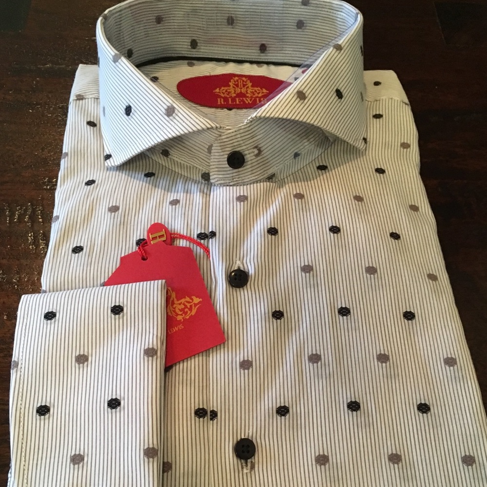 NEW Robert Lewis Dress Shirt Black/Grey Polka Dots
